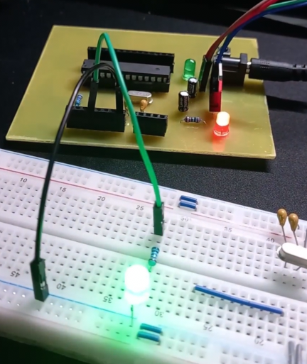 Completed DIY Arduino-compatible board during an LED test