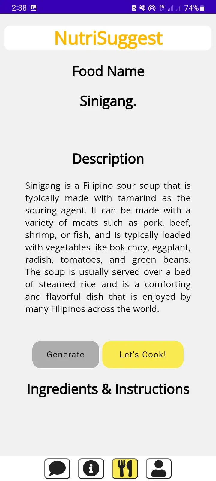 HoneyCare nutrition suggestions screen