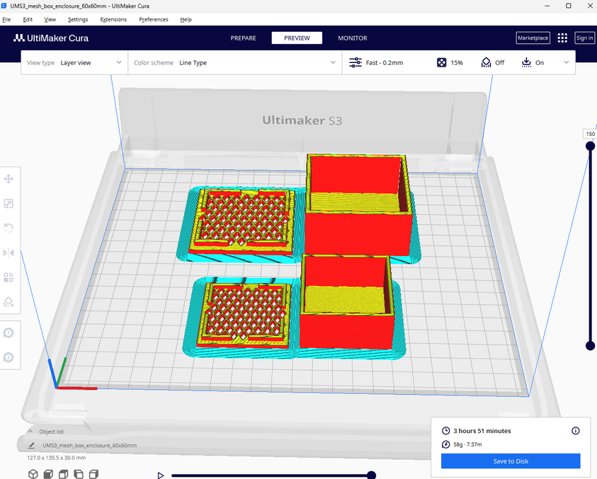 Sliced enclosure model prepared for 3D printing